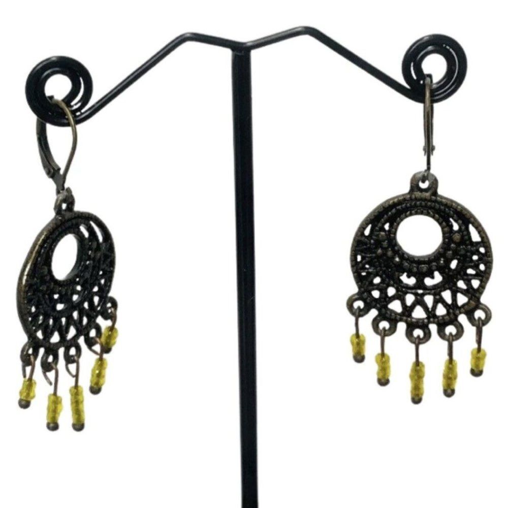 Vintage Yellow Seed Bead Copper Tone Drop Dangle Pierced Chandelier Earrings
